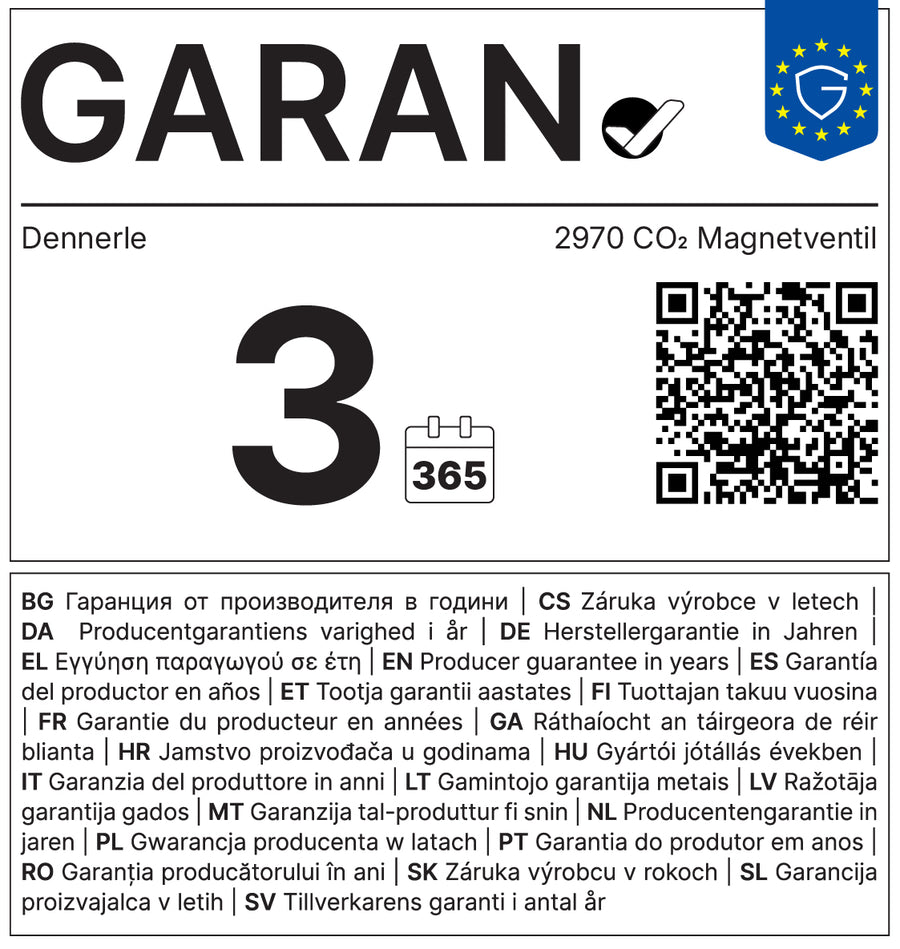 EU-Garantielabel für Dennerle CO2 Magnetventil