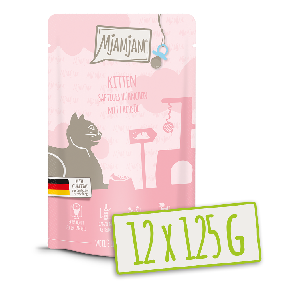 MjAMjAM - Quetschie - Kitten saftiges Hühnchen mit Lachsöl 12x125g